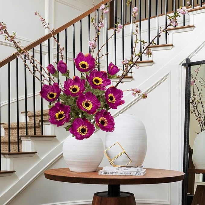 28.3" Purple Artificial Flowers Poppy Flowers 3Pcs Silk Fake Poppy Flowers Real Touch Faux Poppies Spring Flower Long Stem Arrangement with 4 Heads for Party Centerpiece Bouquet Table Home Decoration