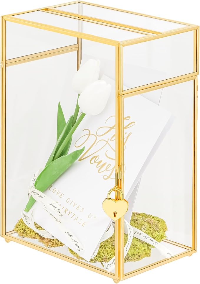 NCYP Small Glass Cards Box with Slot and Lock for Wedding, 8" x 5.5" x 11.3" - Home Birthdays Party Tabletop Decor, Gold, Clear Envelopes Terrarium (Card Box Only)