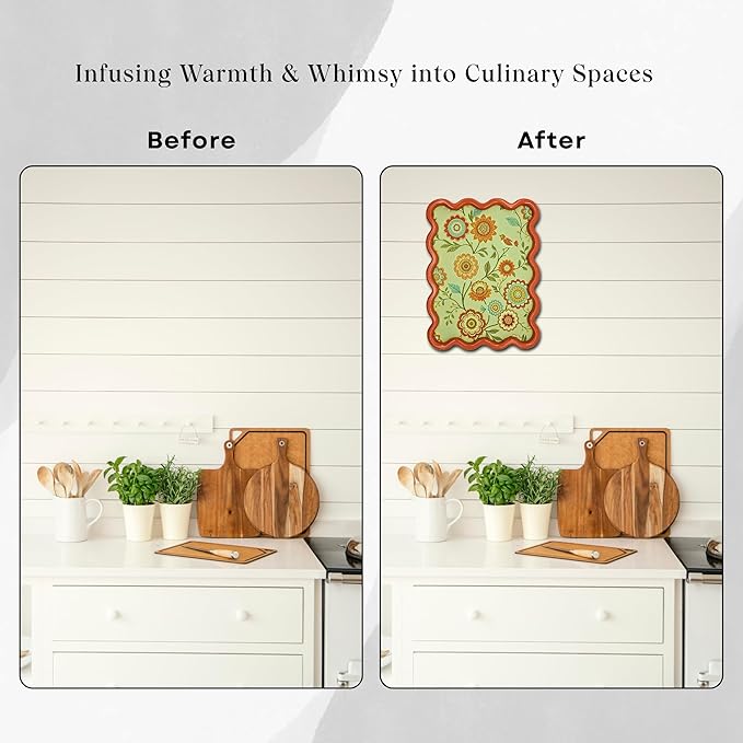 TAKORO 3D Wavy Wall Art, 11.8" x 15.75" Framed Canvas – Textured Floral & Bird Relief on Waterproof Canvas, Orange-Red Wavy MDF Frame, Modern Rustic/Boho Wall Decor for Living Room Bedroom Hallway