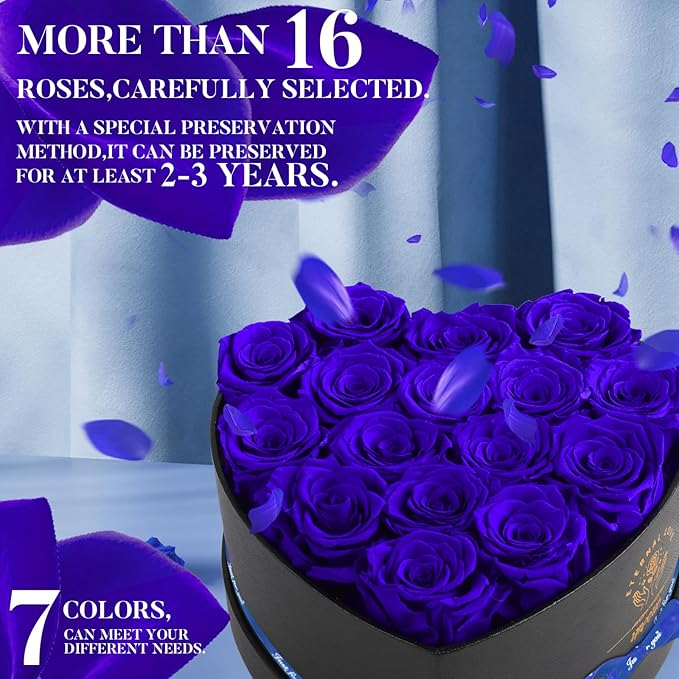 16 Preserved Flower Delivery Prime, Preserved Roses in a Box, Birthday Gifts for Women, Mother's Day, and Valentine's Day-Blue Roses