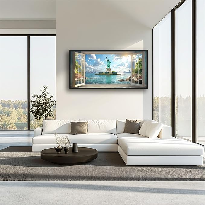 Statue of Liberty Large Wall Art Window Pictures Wall Decor Landmark Canvas Landscape Print Painting Modern Artwork Home Decoration for Living Room Bathroom Bedroom Office Framed 60"x30"