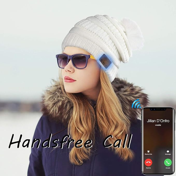 Wireless Music Beanie Women Beanie Girls Hat Over Ear Headset Sports Stereo Headphone with Microphone Speaker Womens Beanie Cap Snow White