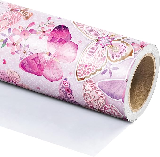 WRAPAHOLIC Pink Butterfly Wrapping Paper Roll - Mini Roll - 17 Inch x 33 Feet - Fantasy Butterfly Design, Perfect for Birthday, Wedding, Bridal Shower