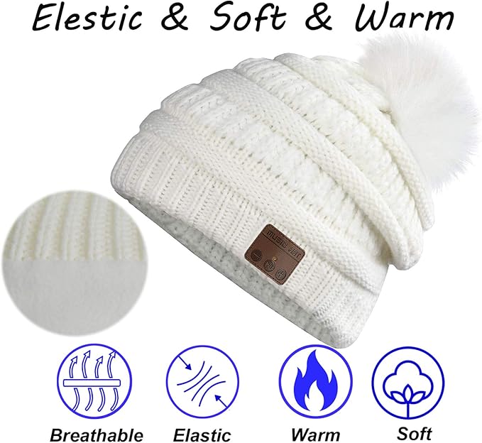 Wireless Music Beanie Women Beanie Girls Hat Over Ear Headset Sports Stereo Headphone with Microphone Speaker Womens Beanie Cap Snow White