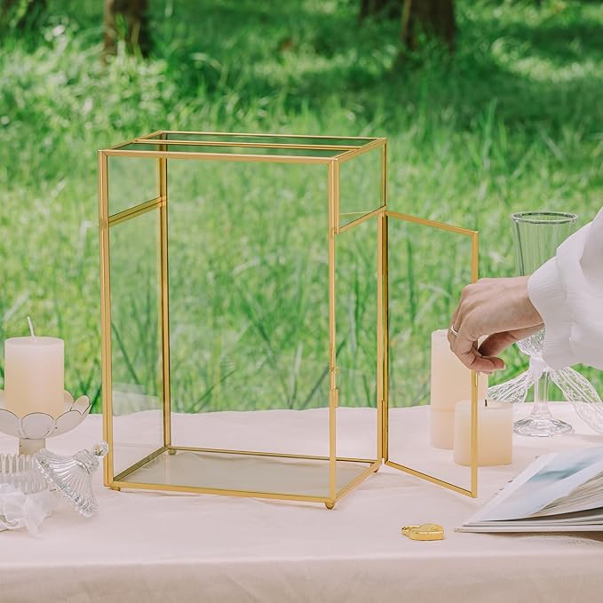 NCYP Small Glass Cards Box with Slot and Lock for Wedding, 8" x 5.5" x 11.3" - Home Birthdays Party Tabletop Decor, Gold, Clear Envelopes Terrarium (Card Box Only)