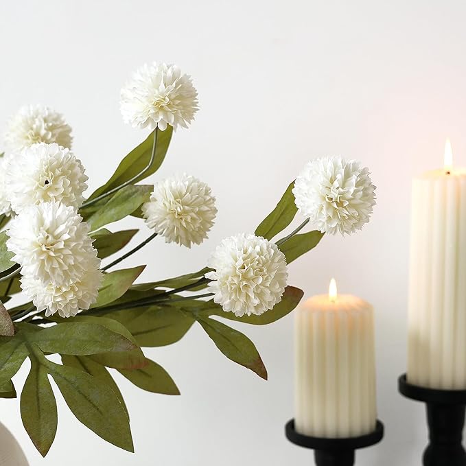 6 Pcs Faux Silk Pompon Mum Artificial Flowers for Vase -27", Bulk Fake Chrysanth Branches with Stems for DIY Bouquet Centerpieces Wedding Fillers Arrangements Shower Decorations (Cream)
