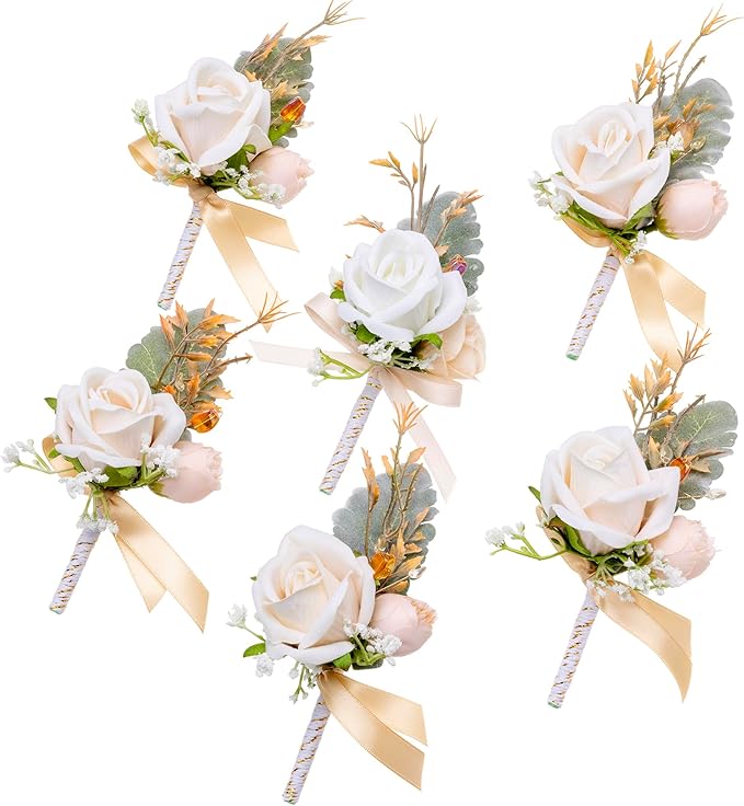 Fnize Champagne Boutonniere for Men, 6 Pcs Groom Groomsmen Boutonnieres, Artificial Flowers for Wedding Prom Homecoming