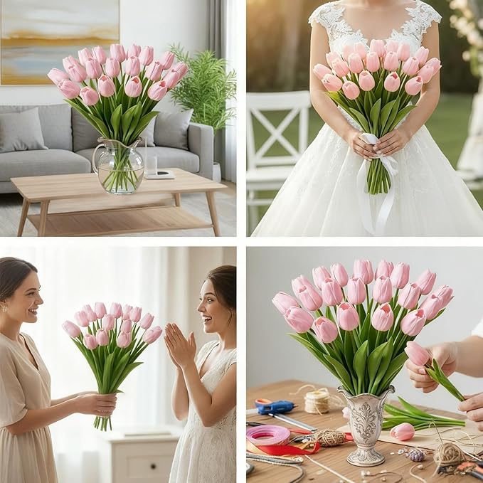 Pink Faux Tulips (20 Pcs) - Premium PU Artificial Flowers for Christmas & Thanksgiving Table Setting, Winter DIY Home Decor - 13.5" Real Touch