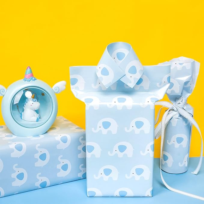 WRAPAHOLIC 30 Inch Baby Shower Wrapping Paper Roll - Cute Baby Blue Elephant Design for Baby Shower, Birthday, Holiday, Party - 30 Inch x 33 Feet