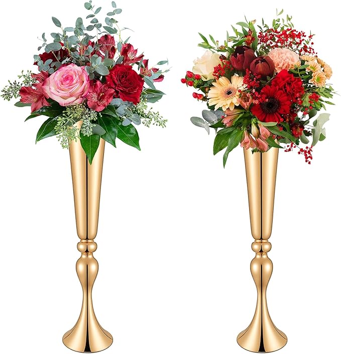 JIEYAO 2 Pcs 22" Tall Gold Vases for Centerpieces, Metal Trumpet Flower Stand Table Decoration Vase for Wedding Party Arrangement