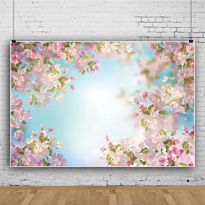 Renaiss 10x7ft Pink Floral Backdrop Romantic Cherry Blossom Blue Sky Sunshine Nature Scenery Polyester Photography Background for Wedding Kids Baby Birthday Party Decor Photo Props