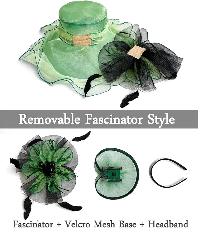 Organza Derby Hats for Women Wide Brim Fascinator Hat Rose Flower Wedding Tea Party Hat