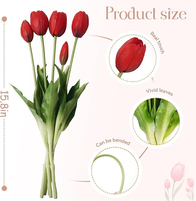 15Pcs Fake Tulips Artificial Flowers Real Touch Latex Bouquet Faux Tulips for Centerpiece Arrangements Wedding Party Home Décor (Hot Red)