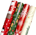Christmas Wrapping Paper Set of 4 Rolls (148 sq. ft. ttl) With Colorful Holiday Patterns Santa Claus, Reindeer, Christmas Tree, Snowman, snowflakes for Gifts - 30 inches x 14.8 feet Per Roll