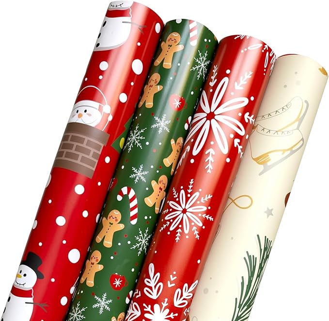 Christmas Wrapping Paper Set of 4 Rolls (148 sq. ft. ttl) With Colorful Holiday Patterns Santa Claus, Reindeer, Christmas Tree, Snowman, snowflakes for Gifts - 30 inches x 14.8 feet Per Roll