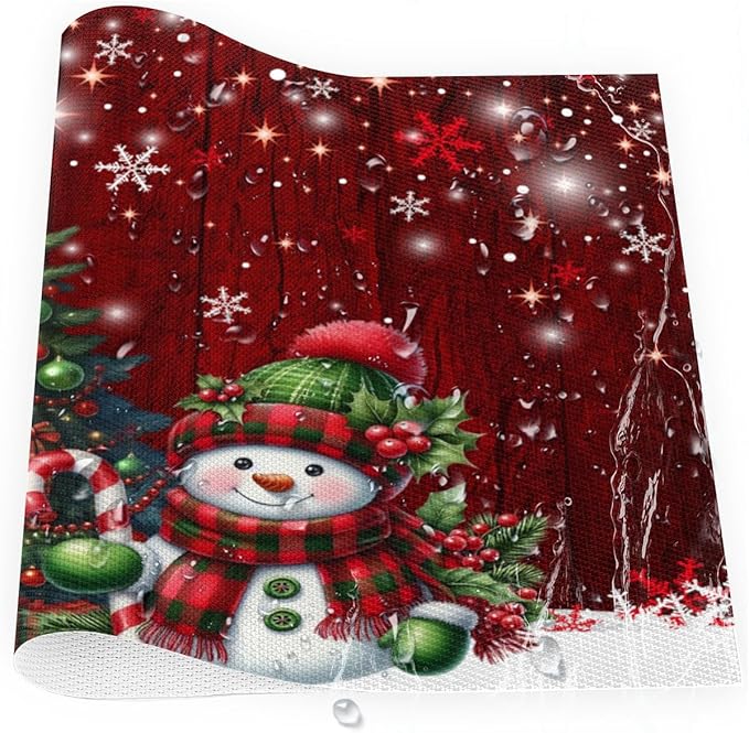 Xmas Christmas Tree Snowman Red Placemats Set of 6 PVC Vinyl Non Slip Table Mats Heat Resistant Place Mats Washable Wipeable Dining Table Mat for Kitchen Decor Party Indoor Outdoor Decorative Gift