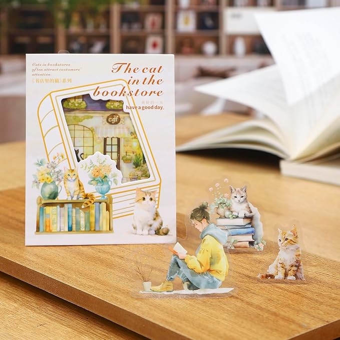 TIAMECH Cat in Bookstore PET Stickers - 90 Pcs Accompanying Read Corner & Book House Design, Waterproof Sticker for Journaling & Scrapbooking, Junk Journal Supplies, Ephemera & DIY Crafts