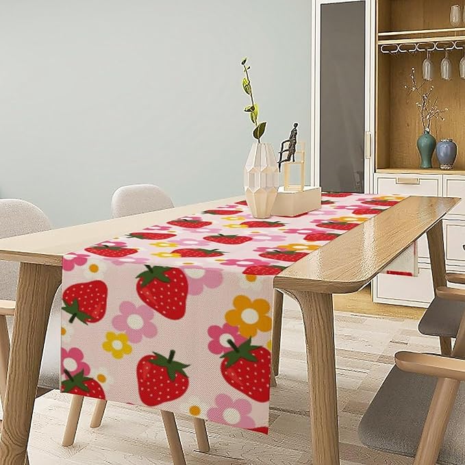 Strawberry Table Runner, Spring Summer Fruit Birthday Party Decoration Dining Room Home Kitchen Table Decor 13 x 60Inches
