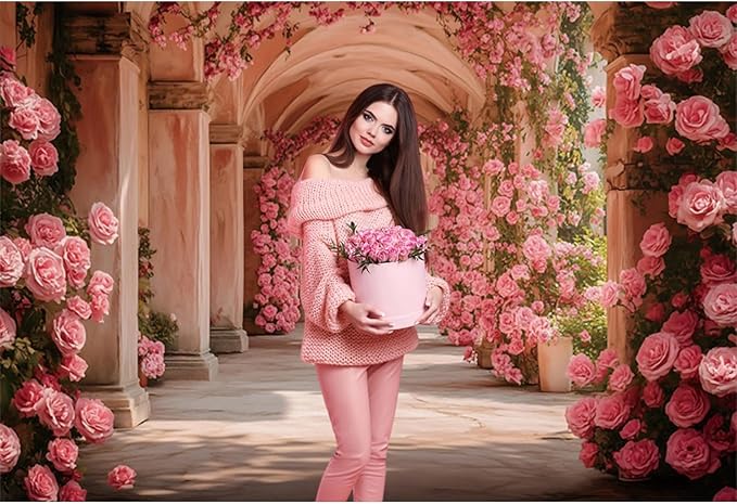 Baocicco 5x3ft Pink Flowers Backdrops for Photoshoot Rose Arch Corridor European Carving Wall Photo Background for Women Bridal Shower Birthday Marriage Valentines Mothers Day Backdrop Decorations