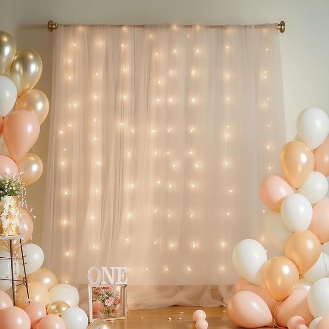 20x8ft Champagne Tulle Backdrop Curtain with Lights String for Parites, Sheer Backdrop Curtains for Wedding Baby Shower Birthday Party Photo Shoot Decorations