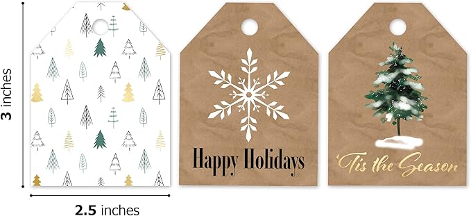 Pro Supply Global 24 Count of 2.5 Inch x 3 Inch Pre Strung Christmas Fir Trees Gift Tag Assorted Printed Designs on Large Cardstock Gift Hang Tags - Ideal to Use on Bags