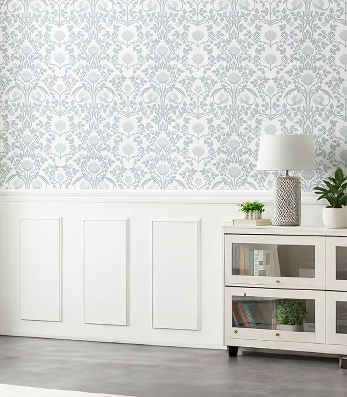 17.3" × 393.7" Blue Floral Peel and Stick Wallpaper, Damask Vintage Wallpaper for Bedroom Bathroom Self Adhesive Removable