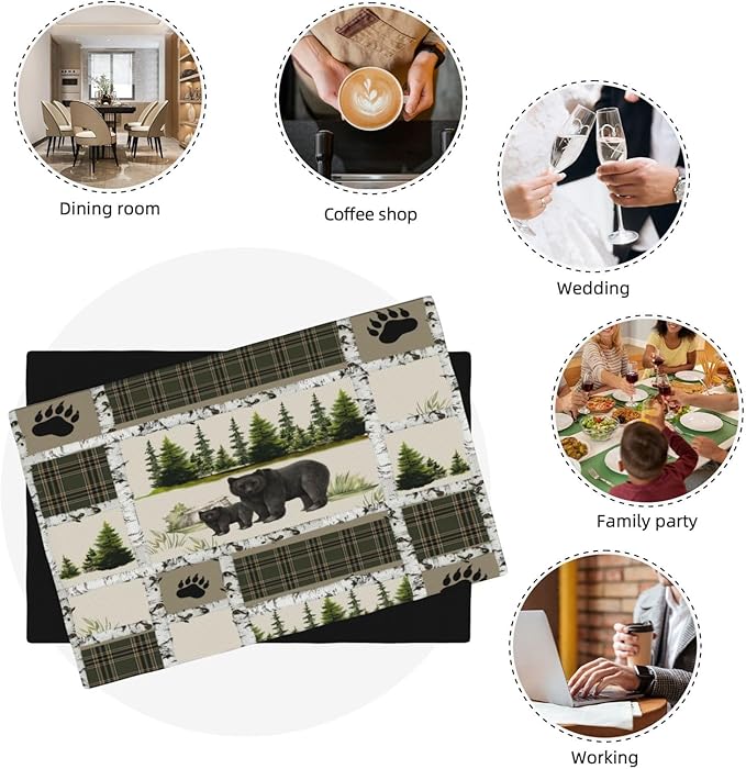 Forest Bear Moose Place Mats Set of 6 Pine Tree Wild Animal Kitchen Dining Table Mat for Indoor Outdoor Decorations 12 X 18 Inch 6 PCS, Style-19