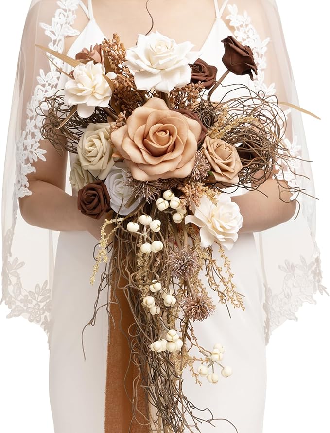 Ling's moment Beige Bridal Bouquet Cascading, Brown Wedding Bouquets for Bride, 13 Inch Bride Bouquets for Wedding Artificial Flowers Bouquets
