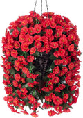 HyeFlora Artificial Fake Red Hanging Flowers Plants Baskets for Outdoor Winter Christmas, Faux Silk UV Resistant Look Real Morning Glory Vines for Outside Porch Patio Balcony Garden Yard Home Decor