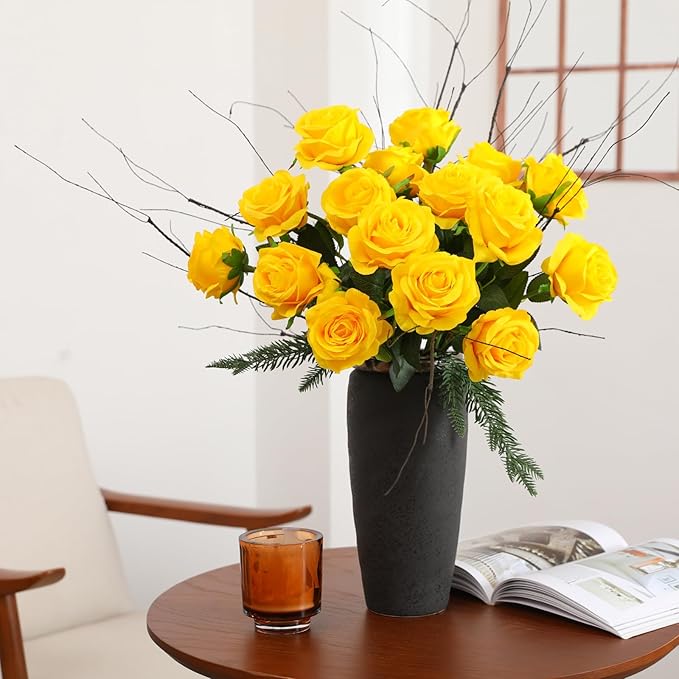 50PCS Artificial Silk Roses in Bulk & Bouquet Long Stem – Realistic Fake Roses for Wedding Centerpieces, Home Decor, Floral Arrangements, Party Decoration (Yellow)