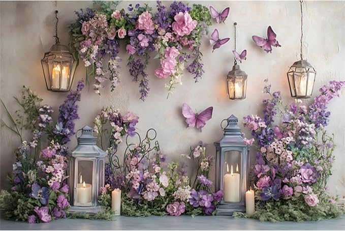 YongFoto Elegant Flower Wall Backdrop 9x6ft Floral Butterfly Candle Photography Background Baby Bridal Shower Wedding Girl Birthday Party Banner Room Decor Portrait Photoshoot Wallpaper Photo Booth
