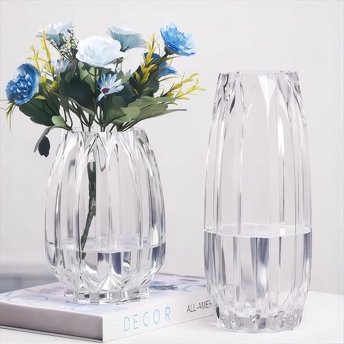 Large Flower Vase,11 inch,GIDARY Thickened Clear Ribbed Glass Vase for Bookshelf,Dinner Table,Indoor Office Desktop,Meeting Room,Home Christmas Day Decoration