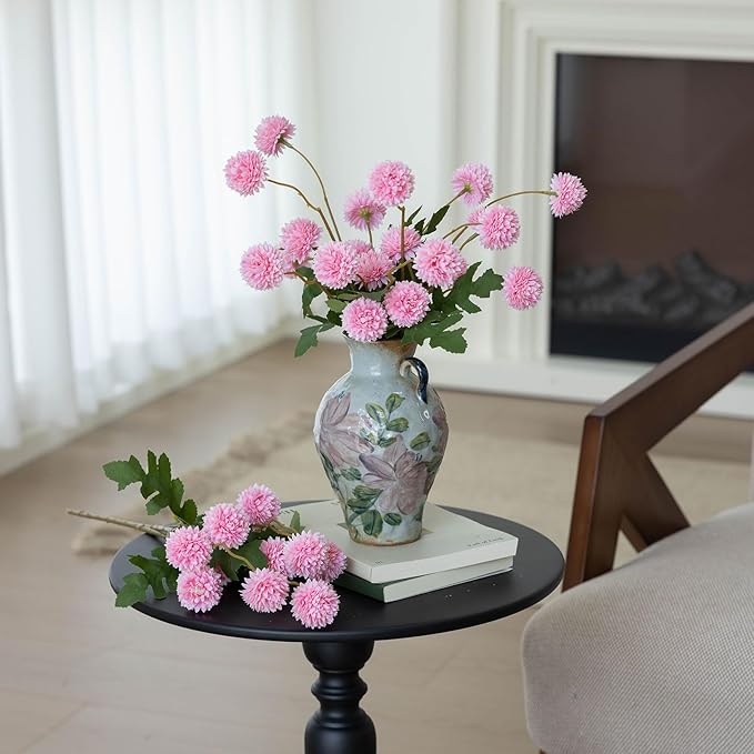 mizii 6Pcs Pink Fake Silk Pompon Mum Artificial Flowers Bulk Small Faux Chrysanthemums with Stems Realistic Floral Decorations for Wedding DIY Bouquet Centerpieces Shower Vase Home Decor (Pink)
