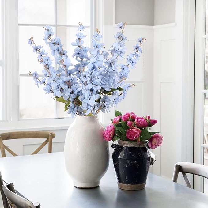 6PCS Blue Delphinium Artificial Flower Lifelike Silk Larkspur Flowers Plant 35.43" Long Stem Blossoms Fake Flowers for Tall Vase Floral Arrangements Home Table Wedding Decor(Blue)