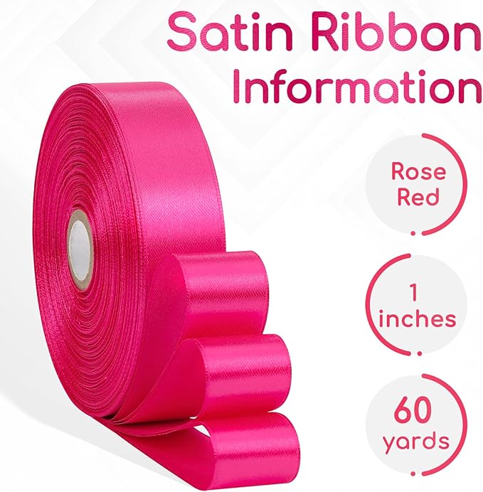 Hot Pink Satin Ribbon 1 Inch, 60 Yards Hot Pink Ribbon for Hair, Flower Bouquet, Gift Wrapping, Crafts, Graduation Wreaths, Invitation Cards, Festival Decor