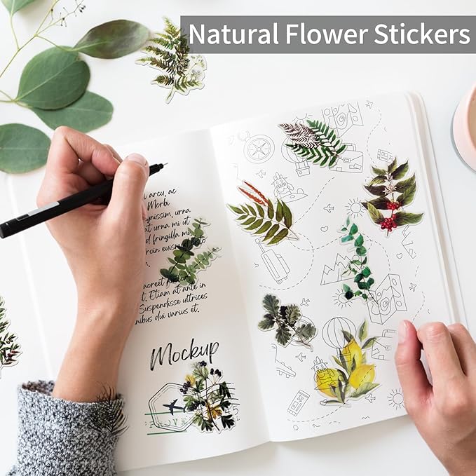Natural PET Flower Stickers for Scrapbooking - Vintage Nature Plant Craft Decals, Colorful Small Floral for Journaling (Style B)