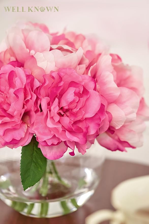 Artificial Flowers in Vase, Silk Peonies Bouquet for Vase with Faux Water, Fake Peony Flower Arrangement for Home Wedding Birthday Party Dining Table Centerpiece New Year Decor Mom's Gift (Pink)