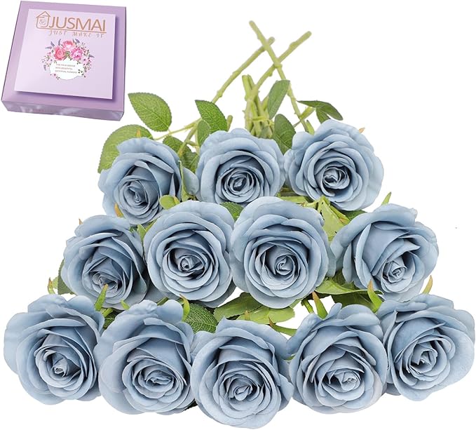12pcs Roses Artificial Flowers Dusty Blue Silk Roses with Long Stems Fake Flowers for Wedding Bouquet Centerpices Decorations Party Bridal Baby Shower Home Decor