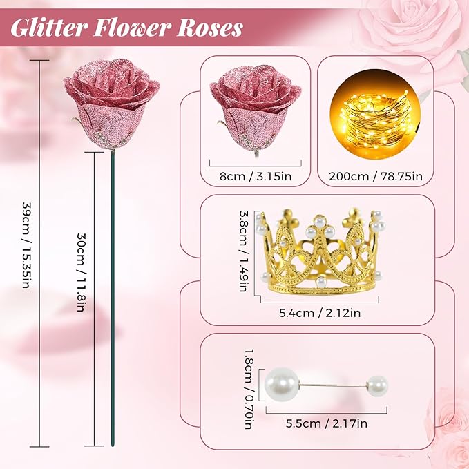 Gold Rose Glitter Roses Bouquet, 24 Pcs Shiny Glitter Flowers Bouquet, Everlasting DIY Artificial Roses Bouquet for Christmas, Birthday, Anniversary, Wedding, Engagement,Mothers Day,Gifts