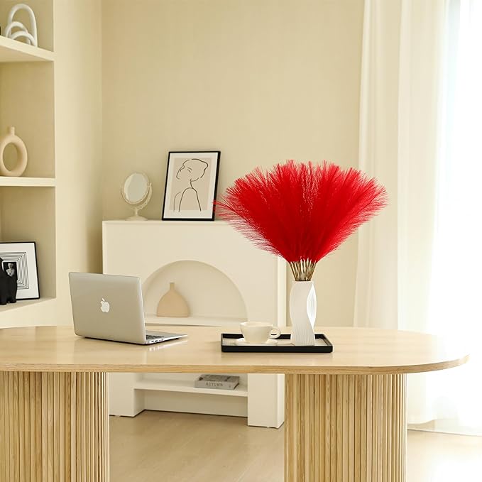 60pcs Red Pampas Grass Decor - 24 Inch Short Artificial Pampas Grass Decor, Fake Pompas Floral for Vase Filler, Wedding Flower Arrangement, Party and Home Decor (Red)