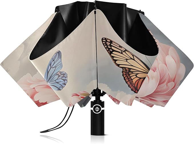 Automatic Folding Umbrella Windproof Strong, UV Protection Compact Floral Hydrangea Hummingbird Sun Rain Sun Rain Travel Umbrellas for Women Men