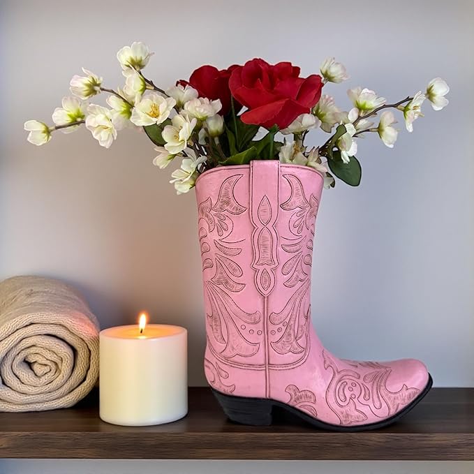 Top Brass Pink Cowboy Boot Vase – Tooled Leather Look Western Decor for Flowers/Stand Alone Accent – Resin Cowgirl Planter with Intricate Design & Protective Pads – Rustic Country Home Art, 10” Tall