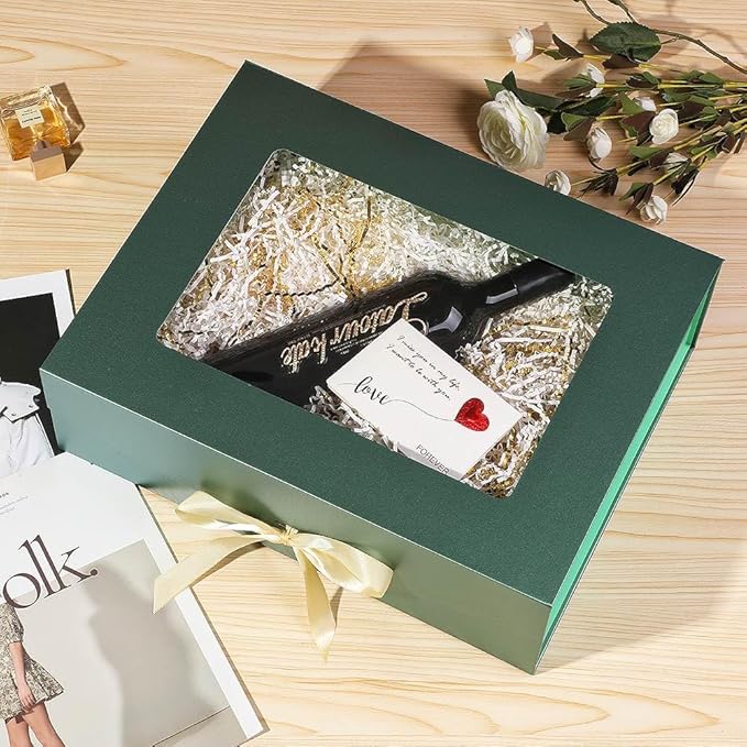 Green Extra Large Gift Box for Presents with Ribbon 16.5x13x5.3 Inches Clear Gift Box with Window Magnetic Closure Gift Boxes with Lids