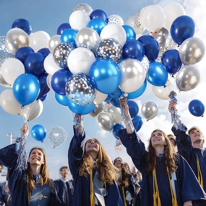 Blue White Silver Confetti Balloons, 50pcs 12 Inch Metallic Blue and Silver Balloons Clear White Confetti Latex Balloons for Birthday Wedding Anniversary Gender Revea Bridal Shower Party Decorations