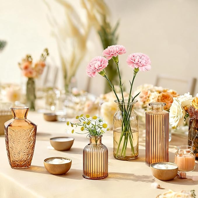 Bud Vases Set of 12, Small Mini Glass Vases for Centerpieces - Elegant Vintage Style - Perfect for Table Decor, Wedding, Party Centerpieces - Great Gift for Home Decor Lovers (Amber)