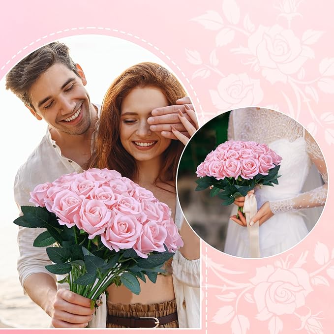 30pcs Fake Roses Artificial Silk Flowers Long Stems Bouquet for Wedding Bridal Shower Party Home Decoration (Pink)