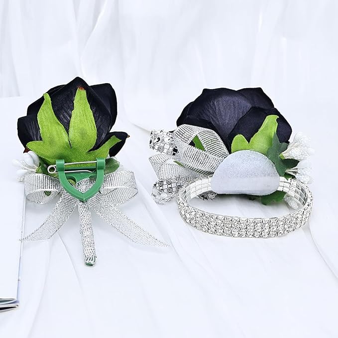 2Pcs Rose Black Corsage and Boutonniere Set, Artificial Wrist Corsage Wristlet Bracelets, Men Boutonniere for Wedding Anniversary Party Homecoming Flowers Accessories Prom Decor