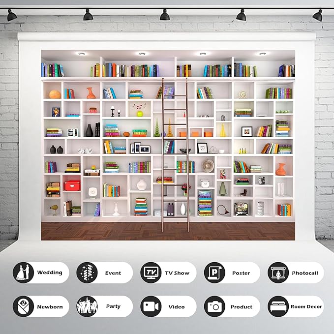 Bookshelf Photography Background Bookcase School Library Backdrop Online Office Conference Background Webcam Zoom Meeting Decoration Backdrop Photo Studio Office Wallpaper Decor 10x6.5ft