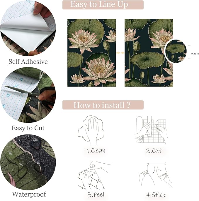 Orainege Vintage Floral Peel and Stick Wallpaper Floral Contact Paper 16.9"x196.8" Lotus Leaf Wallpaper Peel and Stick Self Adhesive Wall Paper for Bedroom Bathroom Covering Wall Decorative