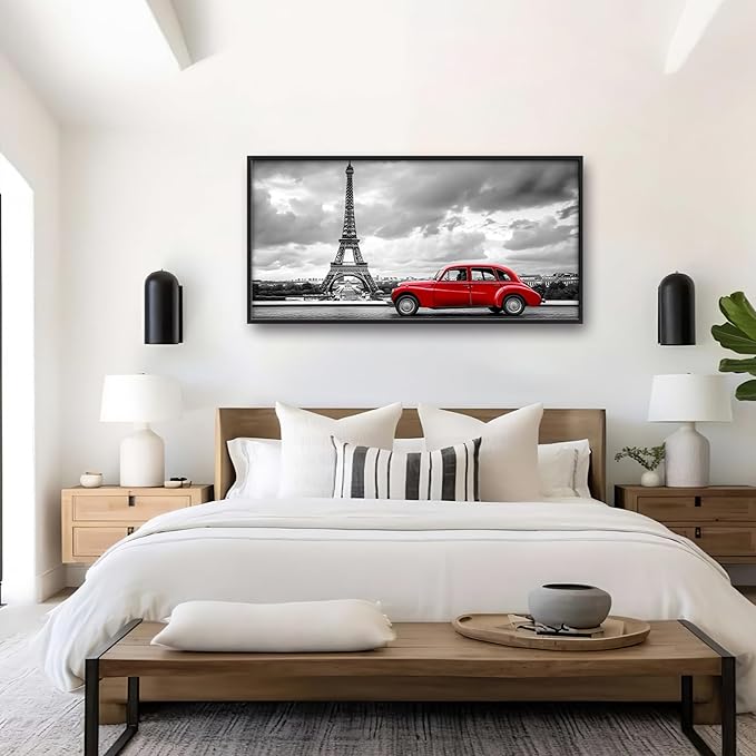 Eiffel Tower Large Wall Art Black and White Framed Red Wall Decor for Living Room Paris City Pictures Oversized Canvas Print Painting Modern Extra Large Framed Artwork for Bedroom Office 60"x30"
